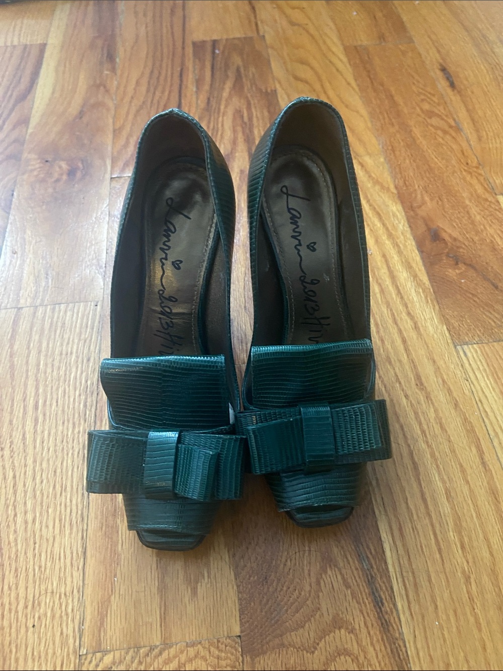 Lanvin Emerald Green Bow Peep-Toe Platform Pumps
